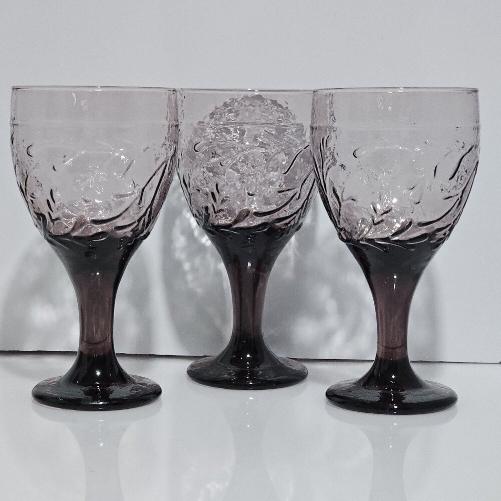 3 Libbey Glass Garden Vine Violet Goblets 7" water ice tea glasses 16oz embossed - Picture 2 of 6